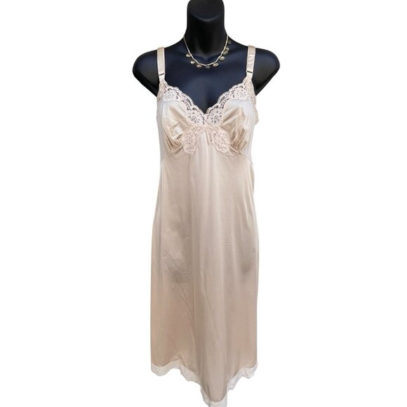 VTG 1960s Vassarette Satiny Full Slip Dress Lace Trim Tan Women’s 40F Classic - Picture 1 of 12